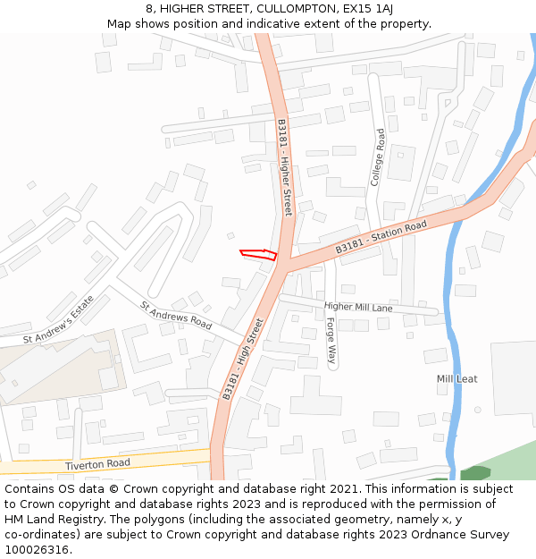 8, HIGHER STREET, CULLOMPTON, EX15 1AJ: Location map and indicative extent of plot