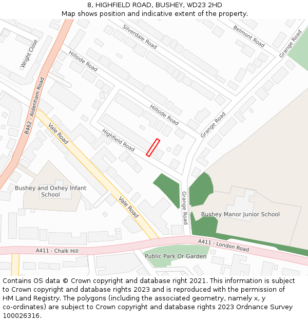 8, HIGHFIELD ROAD, BUSHEY, WD23 2HD: Location map and indicative extent of plot