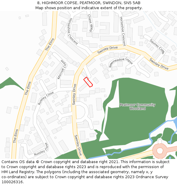 8, HIGHMOOR COPSE, PEATMOOR, SWINDON, SN5 5AB: Location map and indicative extent of plot