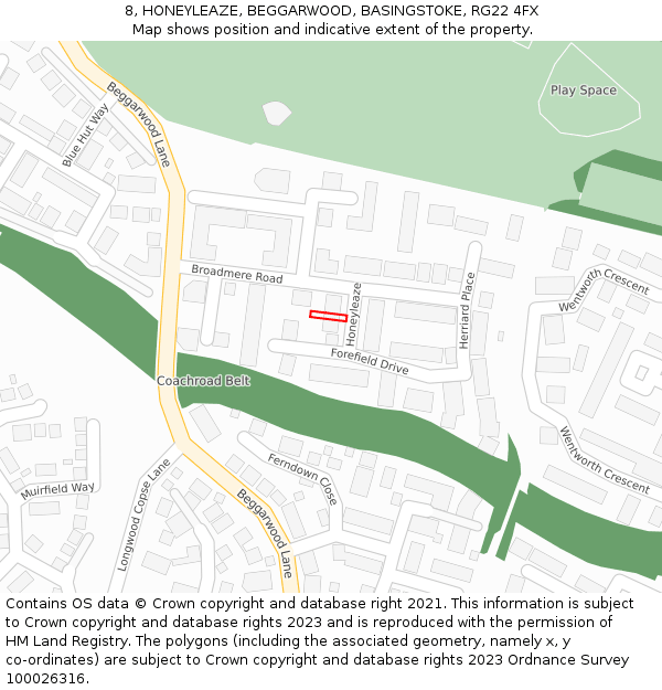 8, HONEYLEAZE, BEGGARWOOD, BASINGSTOKE, RG22 4FX: Location map and indicative extent of plot
