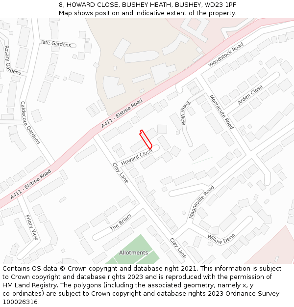 8, HOWARD CLOSE, BUSHEY HEATH, BUSHEY, WD23 1PF: Location map and indicative extent of plot