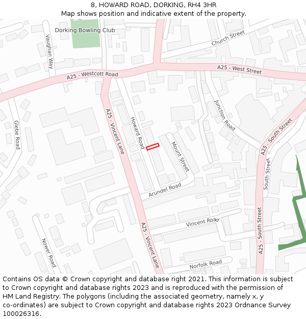 8, HOWARD ROAD, DORKING, RH4 3HR: Location map and indicative extent of plot