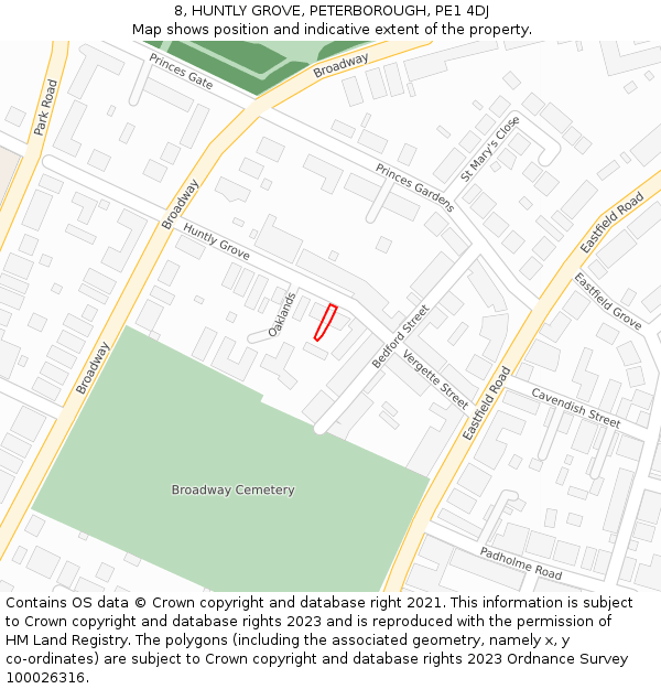 8, HUNTLY GROVE, PETERBOROUGH, PE1 4DJ: Location map and indicative extent of plot