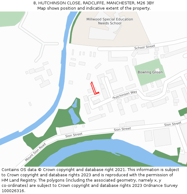 8, HUTCHINSON CLOSE, RADCLIFFE, MANCHESTER, M26 3BY: Location map and indicative extent of plot