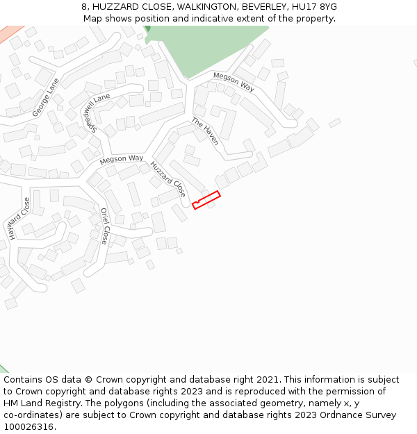 8, HUZZARD CLOSE, WALKINGTON, BEVERLEY, HU17 8YG: Location map and indicative extent of plot