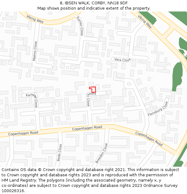 8, IBSEN WALK, CORBY, NN18 9DF: Location map and indicative extent of plot