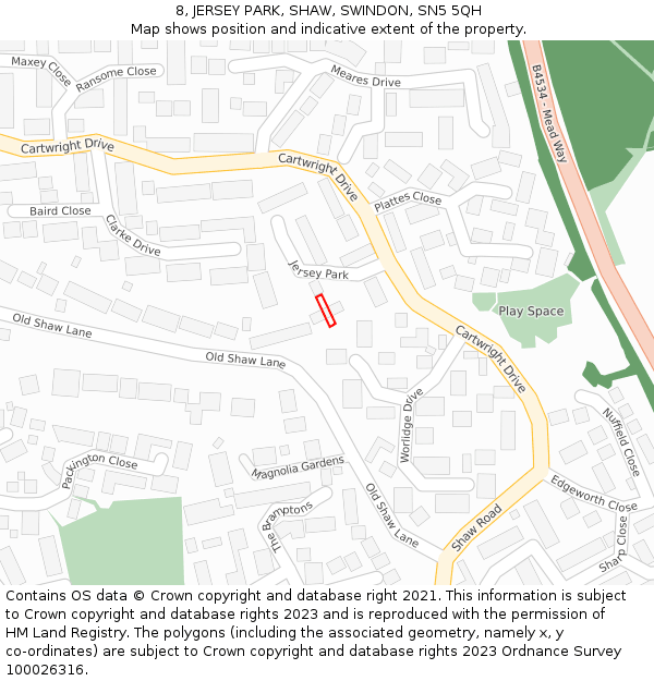 8, JERSEY PARK, SHAW, SWINDON, SN5 5QH: Location map and indicative extent of plot