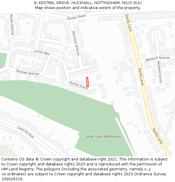 8, KESTREL GROVE, HUCKNALL, NOTTINGHAM, NG15 6UU: Location map and indicative extent of plot