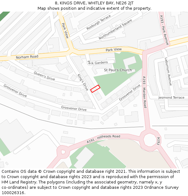8, KINGS DRIVE, WHITLEY BAY, NE26 2JT: Location map and indicative extent of plot