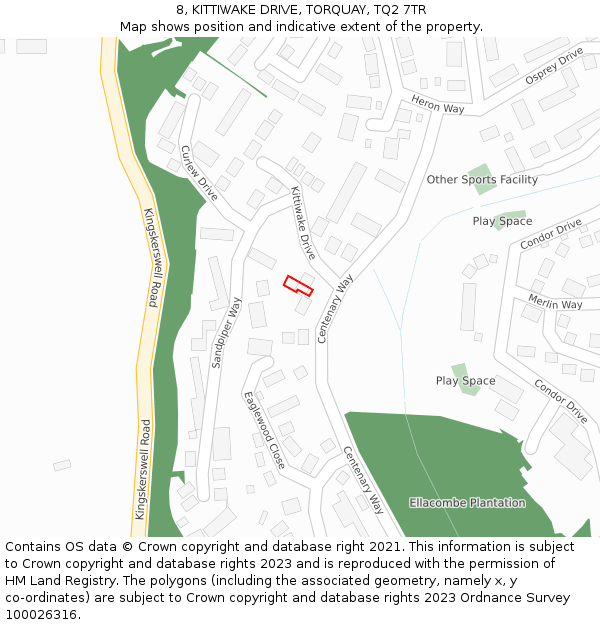 8, KITTIWAKE DRIVE, TORQUAY, TQ2 7TR: Location map and indicative extent of plot