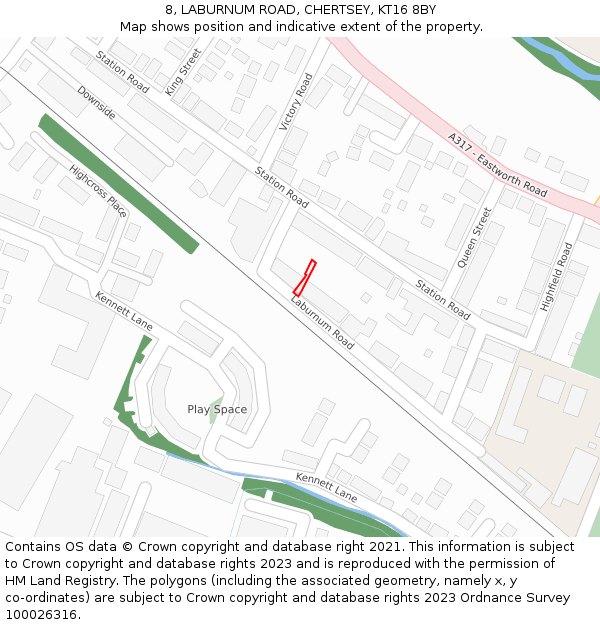 8, LABURNUM ROAD, CHERTSEY, KT16 8BY: Location map and indicative extent of plot