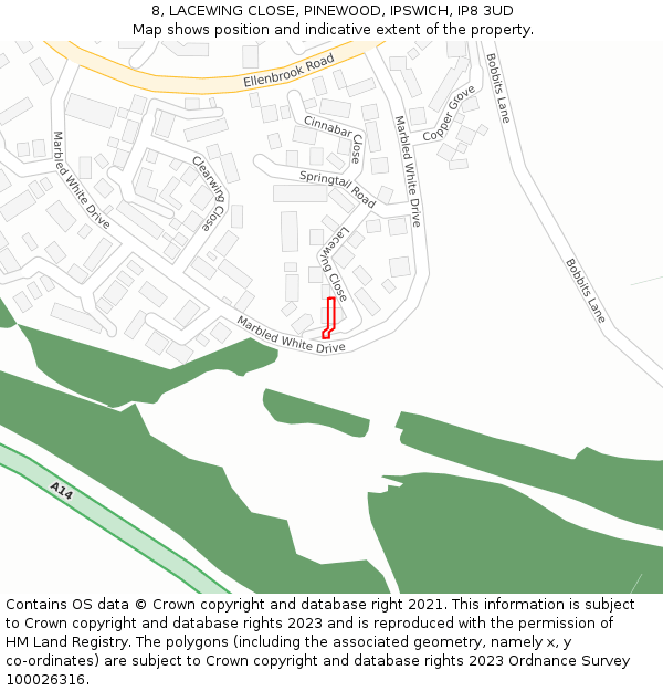 8, LACEWING CLOSE, PINEWOOD, IPSWICH, IP8 3UD: Location map and indicative extent of plot