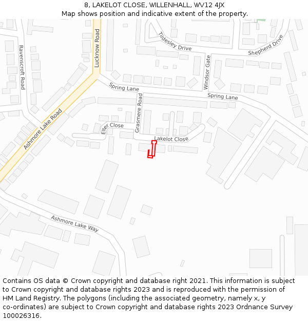 8, LAKELOT CLOSE, WILLENHALL, WV12 4JX: Location map and indicative extent of plot