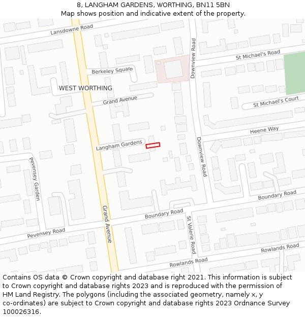 8, LANGHAM GARDENS, WORTHING, BN11 5BN: Location map and indicative extent of plot