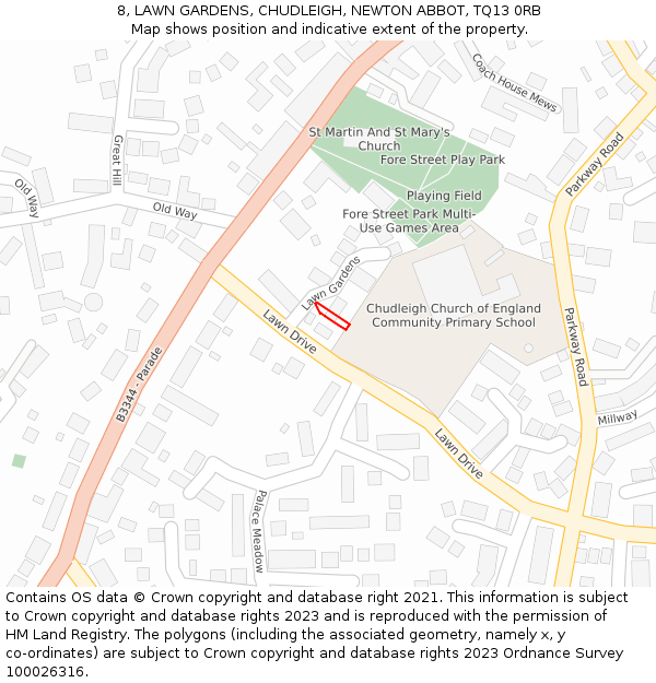 8, LAWN GARDENS, CHUDLEIGH, NEWTON ABBOT, TQ13 0RB: Location map and indicative extent of plot
