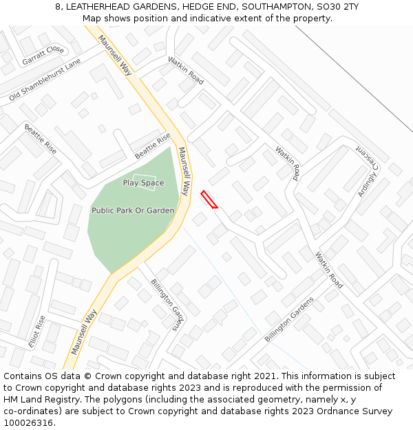 8, LEATHERHEAD GARDENS, HEDGE END, SOUTHAMPTON, SO30 2TY: Location map and indicative extent of plot