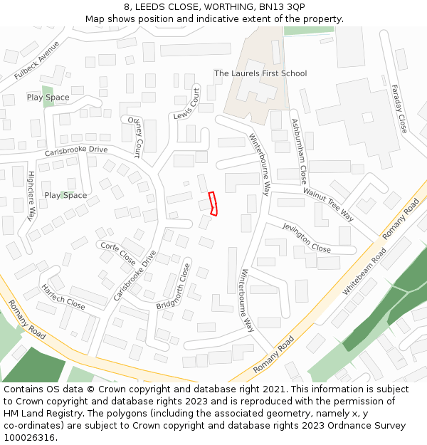 8, LEEDS CLOSE, WORTHING, BN13 3QP: Location map and indicative extent of plot