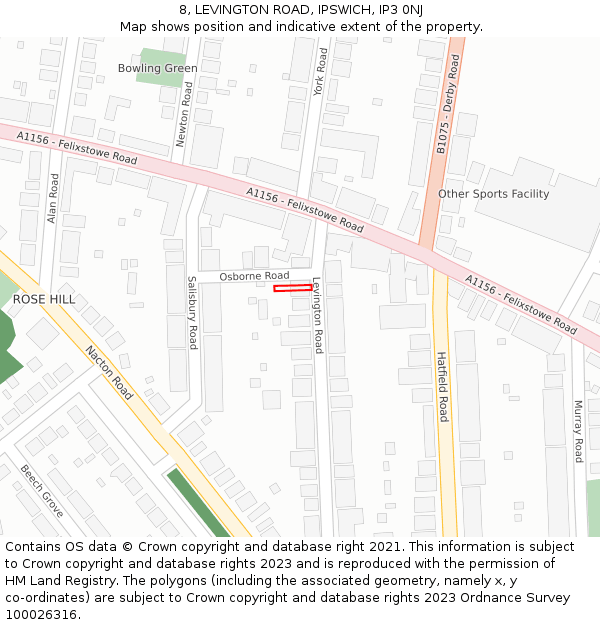 8, LEVINGTON ROAD, IPSWICH, IP3 0NJ: Location map and indicative extent of plot