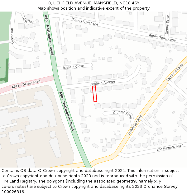 8, LICHFIELD AVENUE, MANSFIELD, NG18 4SY: Location map and indicative extent of plot