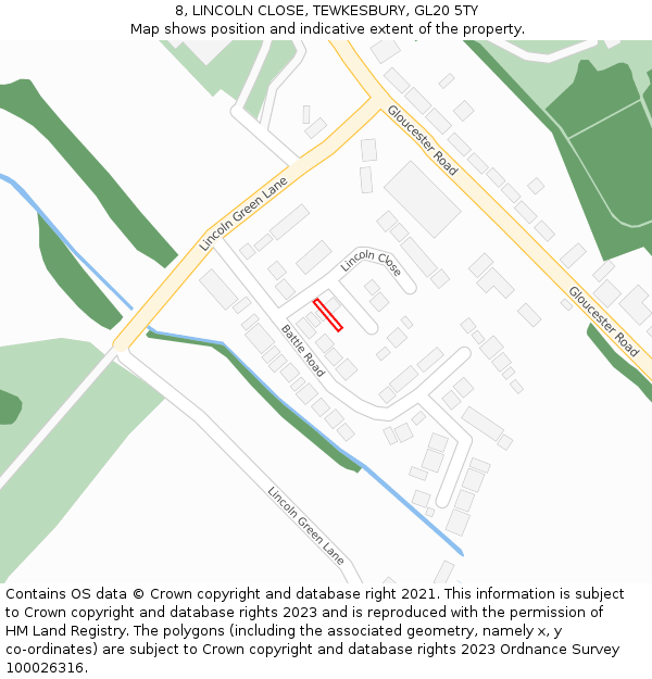 8, LINCOLN CLOSE, TEWKESBURY, GL20 5TY: Location map and indicative extent of plot