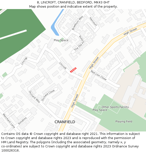 8, LINCROFT, CRANFIELD, BEDFORD, MK43 0HT: Location map and indicative extent of plot