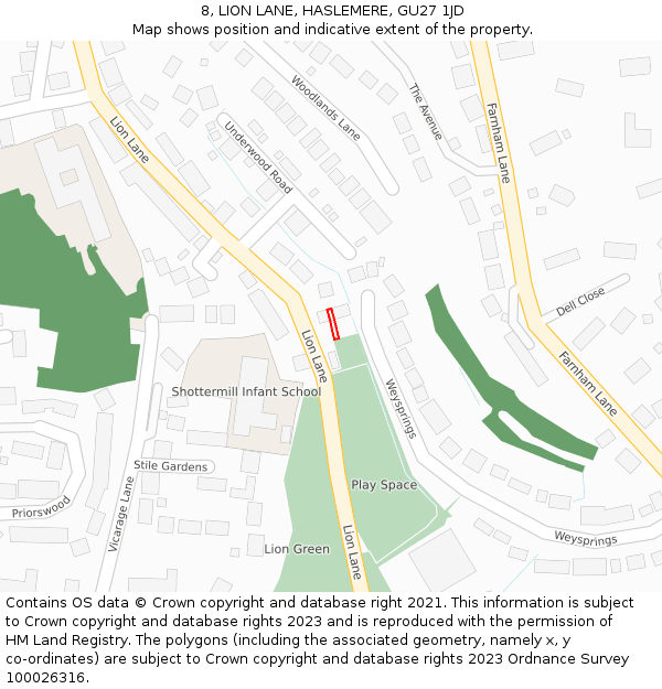 8, LION LANE, HASLEMERE, GU27 1JD: Location map and indicative extent of plot