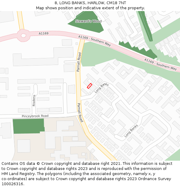 8, LONG BANKS, HARLOW, CM18 7NT: Location map and indicative extent of plot