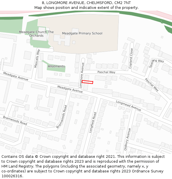 8, LONGMORE AVENUE, CHELMSFORD, CM2 7NT: Location map and indicative extent of plot