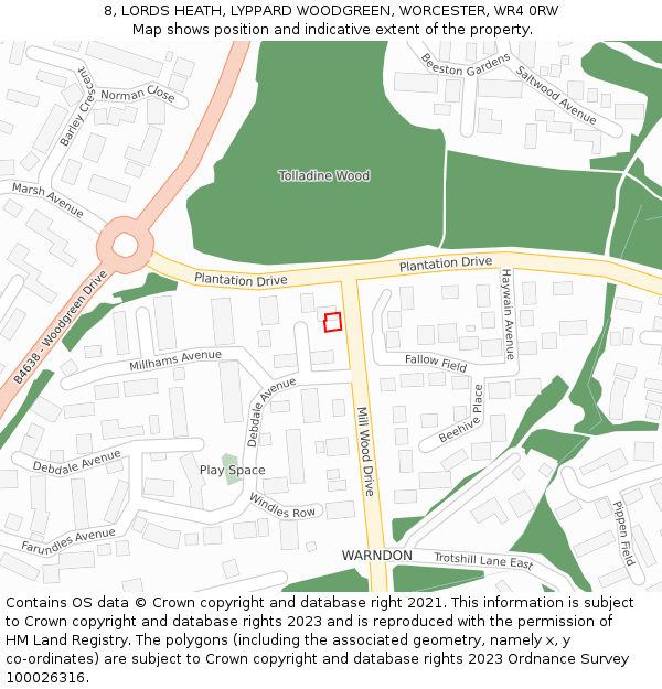 8, LORDS HEATH, LYPPARD WOODGREEN, WORCESTER, WR4 0RW: Location map and indicative extent of plot