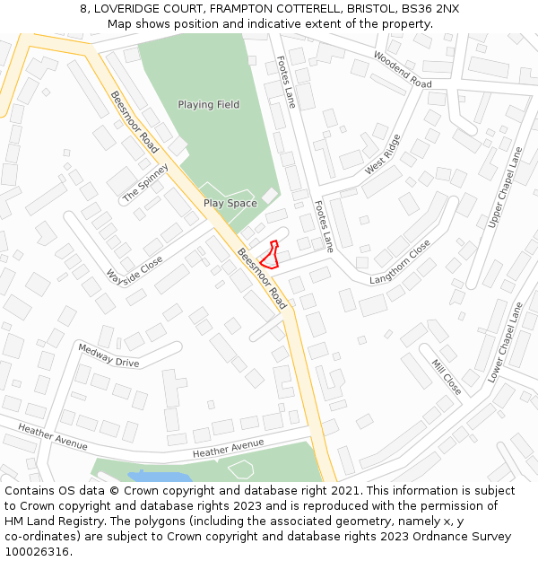 8, LOVERIDGE COURT, FRAMPTON COTTERELL, BRISTOL, BS36 2NX: Location map and indicative extent of plot