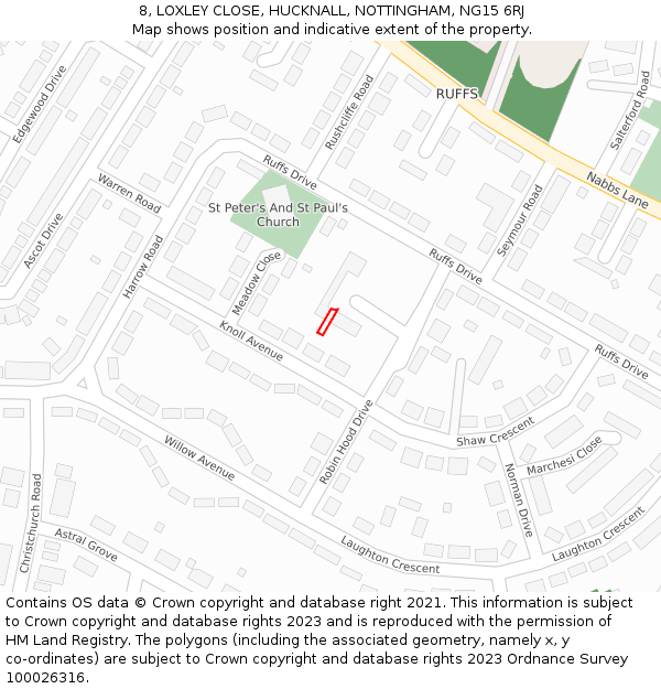 8, LOXLEY CLOSE, HUCKNALL, NOTTINGHAM, NG15 6RJ: Location map and indicative extent of plot