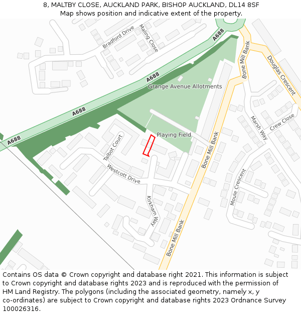 8, MALTBY CLOSE, AUCKLAND PARK, BISHOP AUCKLAND, DL14 8SF: Location map and indicative extent of plot