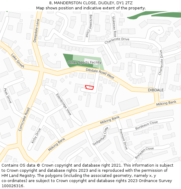 8, MANDERSTON CLOSE, DUDLEY, DY1 2TZ: Location map and indicative extent of plot