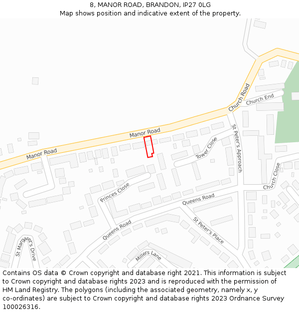 8, MANOR ROAD, BRANDON, IP27 0LG: Location map and indicative extent of plot
