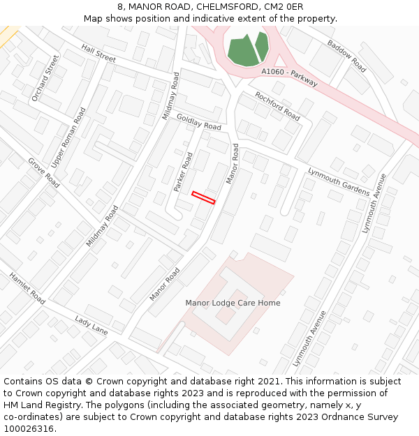 8, MANOR ROAD, CHELMSFORD, CM2 0ER: Location map and indicative extent of plot
