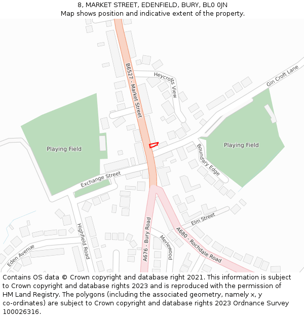 8, MARKET STREET, EDENFIELD, BURY, BL0 0JN: Location map and indicative extent of plot