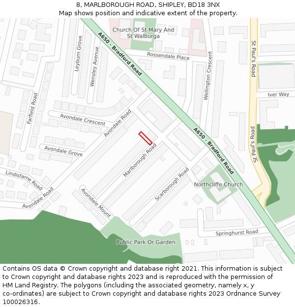 8, MARLBOROUGH ROAD, SHIPLEY, BD18 3NX: Location map and indicative extent of plot