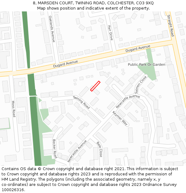 8, MARSDEN COURT, TWINING ROAD, COLCHESTER, CO3 9XQ: Location map and indicative extent of plot