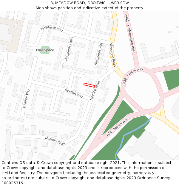 8, MEADOW ROAD, DROITWICH, WR9 9DW: Location map and indicative extent of plot