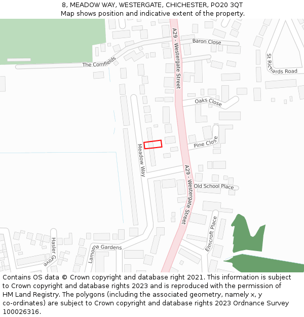 8, MEADOW WAY, WESTERGATE, CHICHESTER, PO20 3QT: Location map and indicative extent of plot