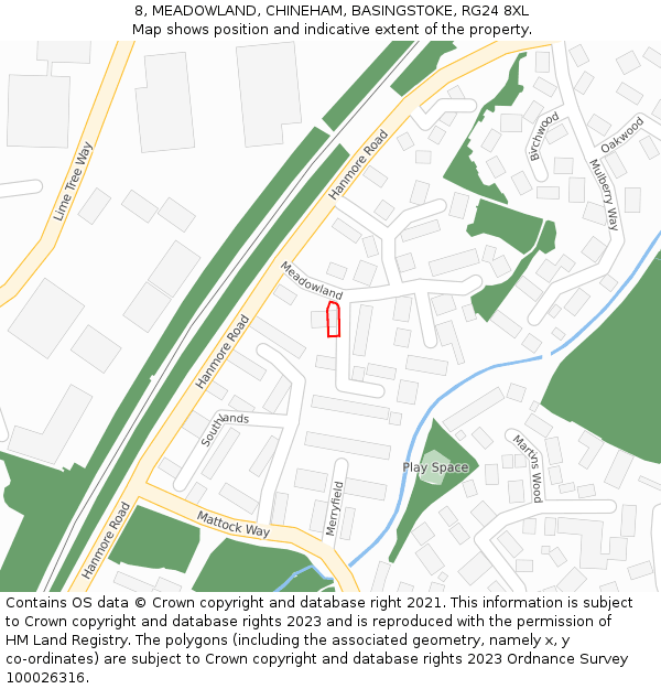 8, MEADOWLAND, CHINEHAM, BASINGSTOKE, RG24 8XL: Location map and indicative extent of plot