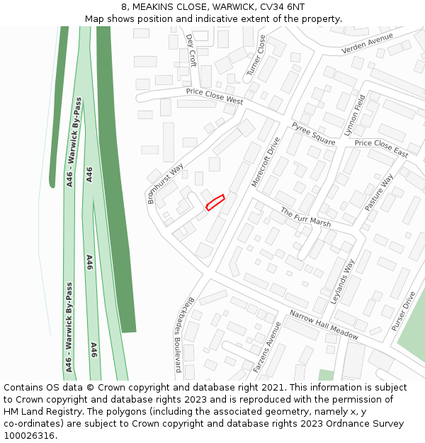 8, MEAKINS CLOSE, WARWICK, CV34 6NT: Location map and indicative extent of plot