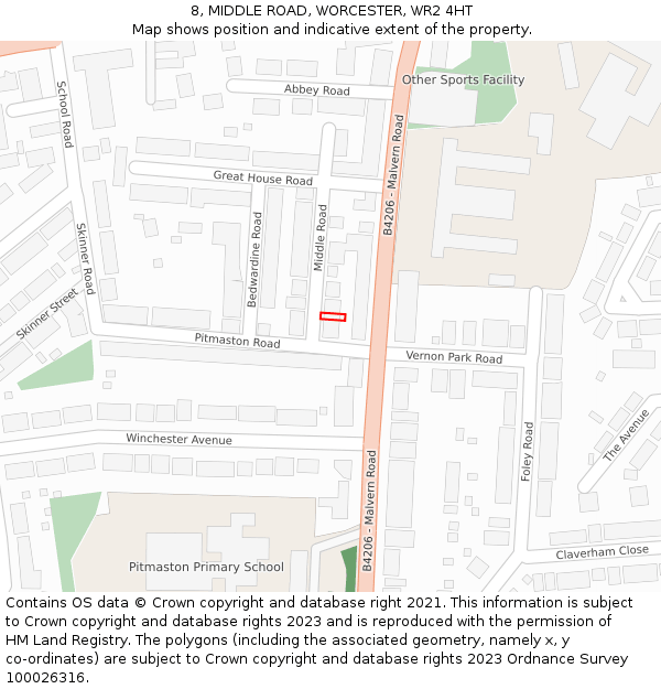 8, MIDDLE ROAD, WORCESTER, WR2 4HT: Location map and indicative extent of plot