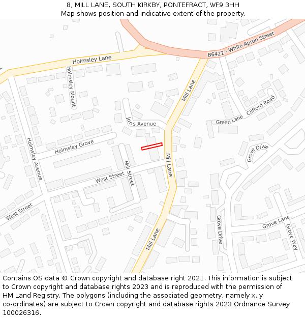 8, MILL LANE, SOUTH KIRKBY, PONTEFRACT, WF9 3HH: Location map and indicative extent of plot