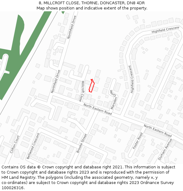 8, MILLCROFT CLOSE, THORNE, DONCASTER, DN8 4DR: Location map and indicative extent of plot