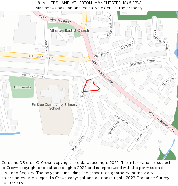 8, MILLERS LANE, ATHERTON, MANCHESTER, M46 9BW: Location map and indicative extent of plot