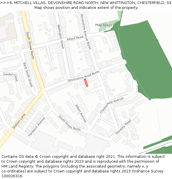8, MITCHELL VILLAS, DEVONSHIRE ROAD NORTH, NEW WHITTINGTON, CHESTERFIELD, S43 2BS: Location map and indicative extent of plot