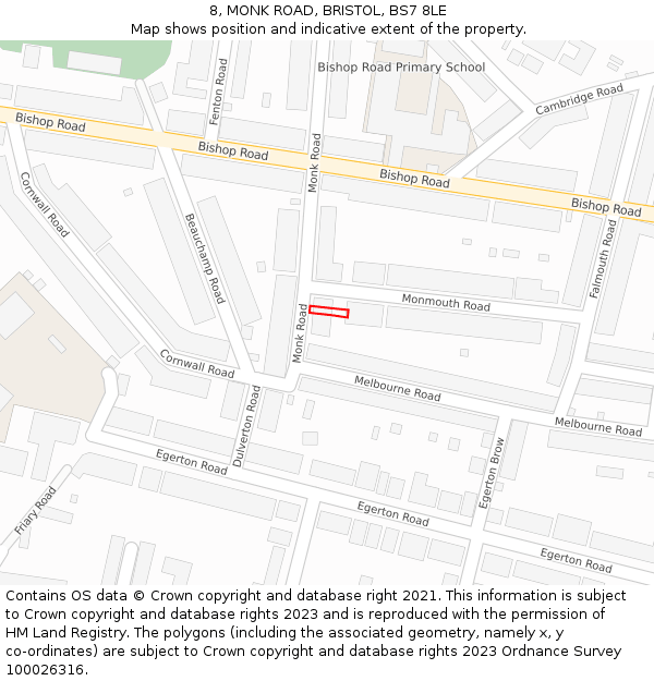 8, MONK ROAD, BRISTOL, BS7 8LE: Location map and indicative extent of plot