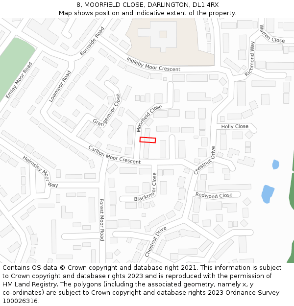 8, MOORFIELD CLOSE, DARLINGTON, DL1 4RX: Location map and indicative extent of plot