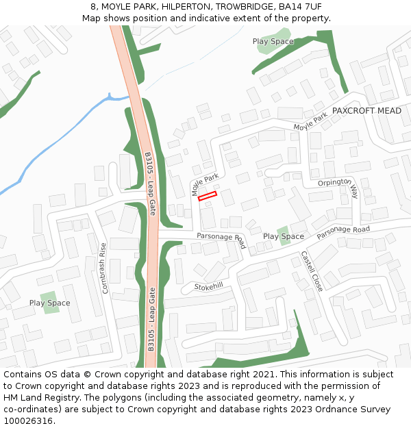 8, MOYLE PARK, HILPERTON, TROWBRIDGE, BA14 7UF: Location map and indicative extent of plot
